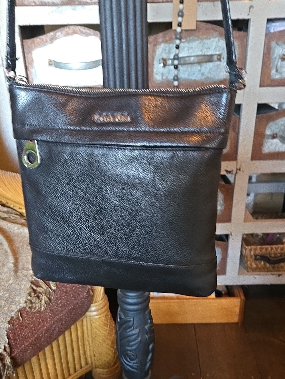 Calvin Klein Black Leather Messenger Crossbody Bag